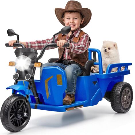12V Tracteur Électrique Enfant avec Plateau de Remorque et Pelle, Voyant D'alimentation, Deux Moteurs, Lumières LED, Musique et Bluetooth, USB&AUX(Bleu)