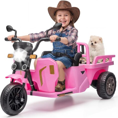 12V Tracteur Électrique Enfant avec Plateau de Remorque et Pelle, Voyant D'alimentation, Deux Moteurs, Lumières LED, Musique et Bluetooth, USB&AUX(Rose)