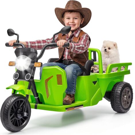 12V Tracteur Électrique Enfant avec Plateau de Remorque et Pelle, Voyant D'alimentation, Deux Moteurs, Lumières LED, Musique et Bluetooth, USB&AUX(Vert)