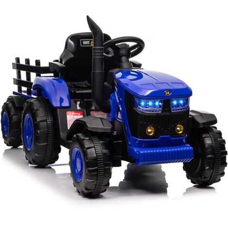 LUNSY 12V Tracteur Électrique Enfants avec Remorque Amovible Double Moteur 35W, Voiture Électrique à 6 Pneus pour Tout-Petits avec Télécommande, Musique, 3 Vitesses, Phares à 7 LED, Klaxon Bleu