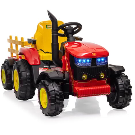 LUNSY 12V Tracteur Électrique Enfants avec Remorque Amovible Double Moteur 35W, Voiture Électrique à 6 Pneus pour Tout-Petits avec Télécommande, Musique, 3 Vitesses, Phares à 7 LED, Klaxon Rouge