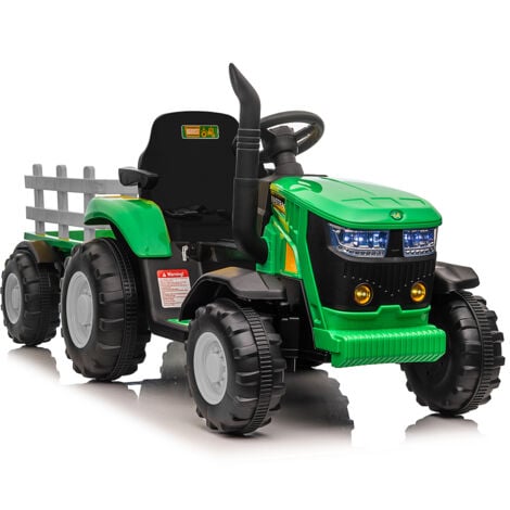 LUNSY 12V Tracteur Électrique Enfants avec Remorque Amovible Double Moteur 35W, Voiture Électrique à 6 Pneus pour Tout-Petits avec Télécommande, Musique, 3 Vitesses, Phares à 7 LED, Klaxon Vert