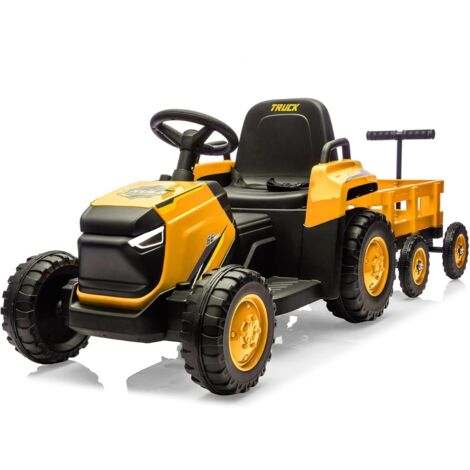 12V Tracteur Électrique Enfants - Pelle & Remorque Amovible, 6 Pneus & LED & Klaxon, Télécommande 2,4G,jaune