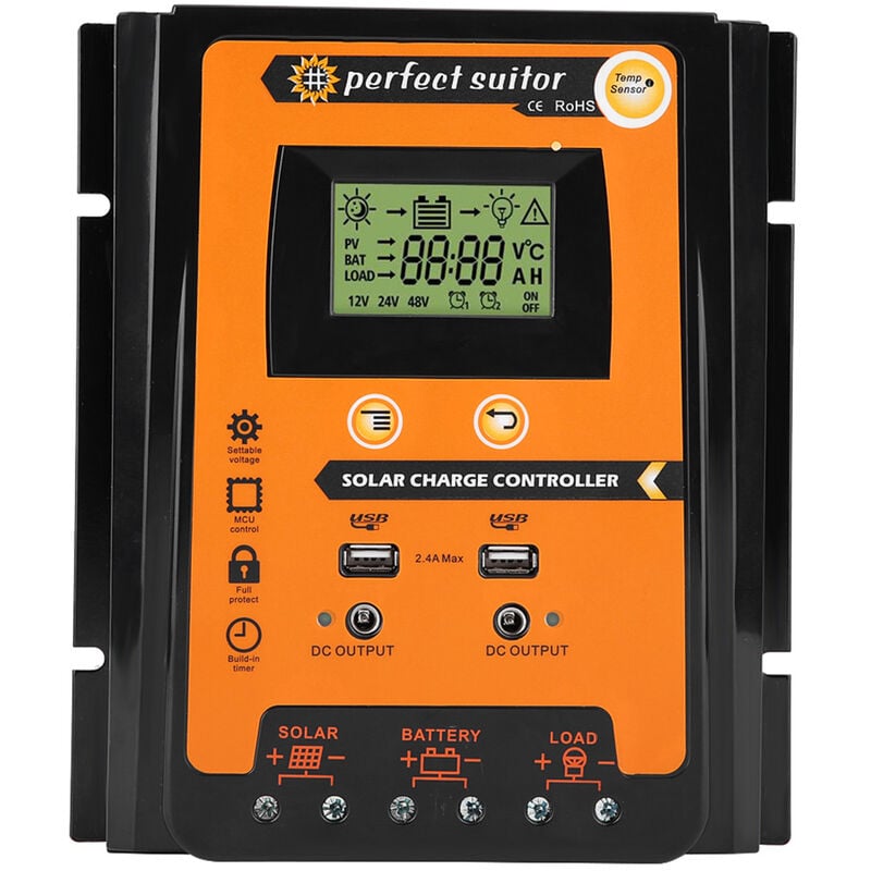 Jeffergarden Panneau de contrôleur de Charge solaire 12V/24V 70A pwm mppt, Version courte, régulateur de batterie, double écran lcd usb