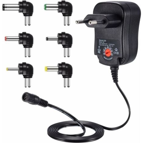 PESCE 12 WAdaptateur d'alimentation universel 3 V 4,5 V 5 V 6 V 7,5 V 9 V et 12 V, transformateur DC 220 V avec connecteur DC à 90 degrés, adapté à l'électronique domestique