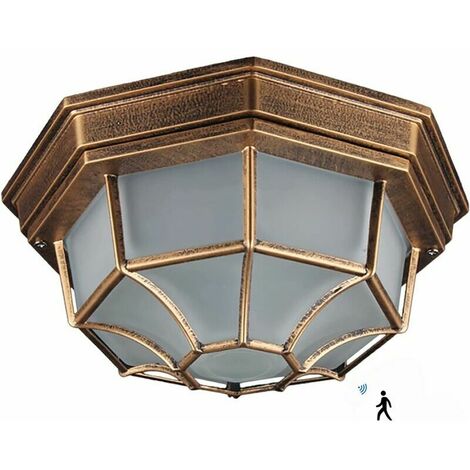 JUNJUN 12W LED-Außendeckenleuchte mit Bewegungsmelder, Außenwandleuchte, klassische Metall/Glas-Bronze-Außenlampe, Deckenleuchte, weißes Licht