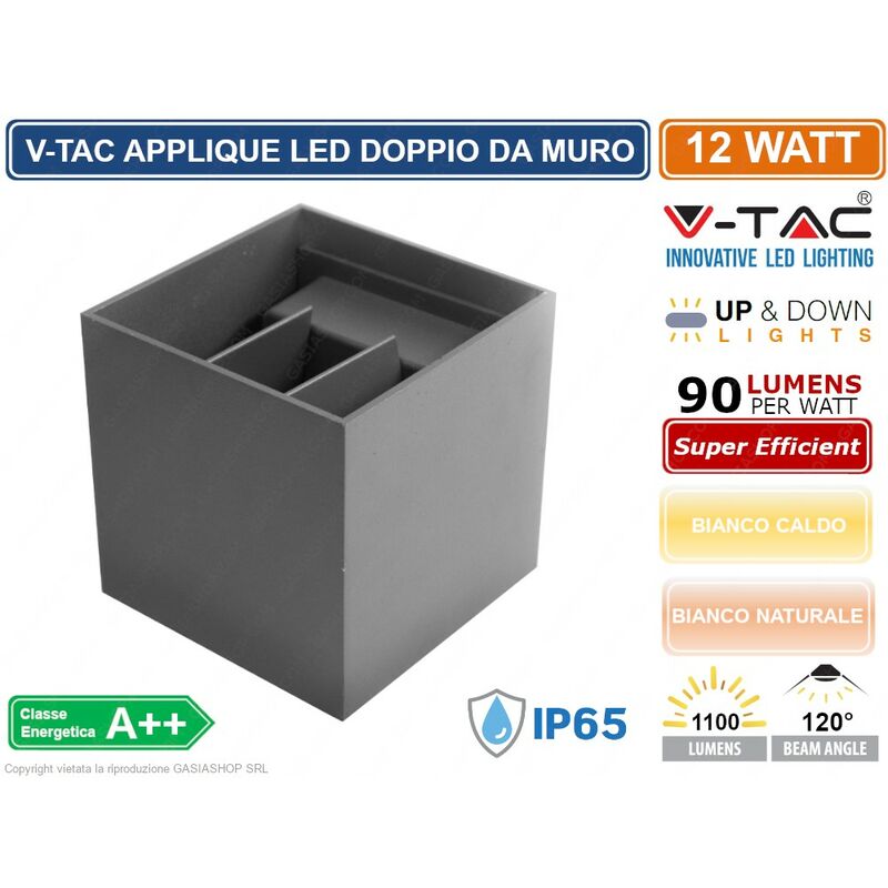 Image of V-tac - VT-759-12 lampada da muro wall light grigia con doppio led cob 12W IP65 - sku 8531 / 8532 - Colore Luce: Bianco Naturale