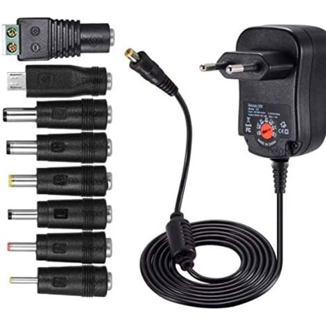 12W Universal AC DC Power Supply Adapter 3V 4.5V 5V 6V 7.5V 9V and 12V with 8 Selectable Adapter Connectors, 1000mA Max, 115cm Charging Cable