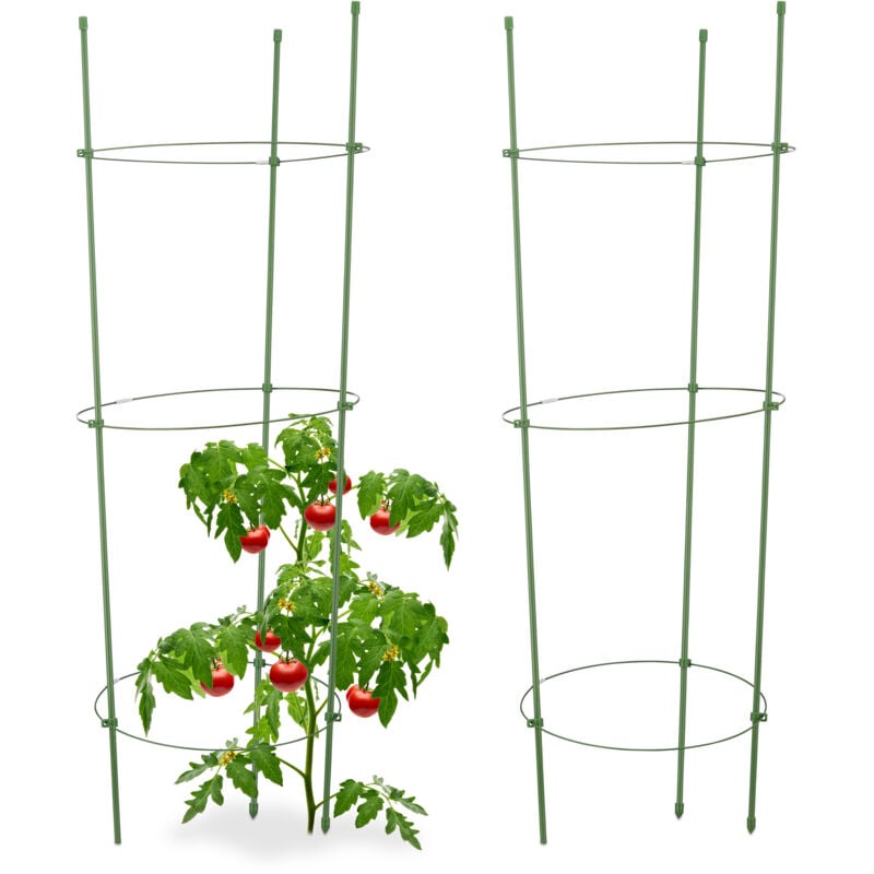 Relaxdays - Cage à tomates, lot de 4, Tuteur plantes grimpantes, support à 3 anneaux, jardin, balcon, 76 cm long, vert