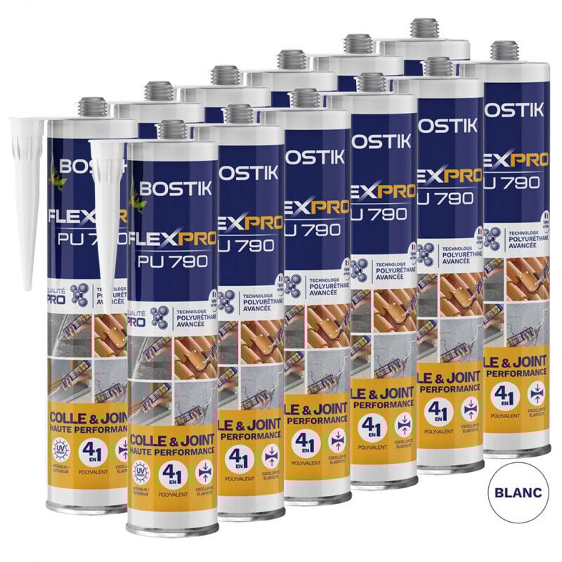 12x cartouches Colle mastic polyuréthane multi-usages P790 (coloris: blanc, gris, noir, beige ou brun) Cartouche 290ml BOSTIK - Couleur: Brun