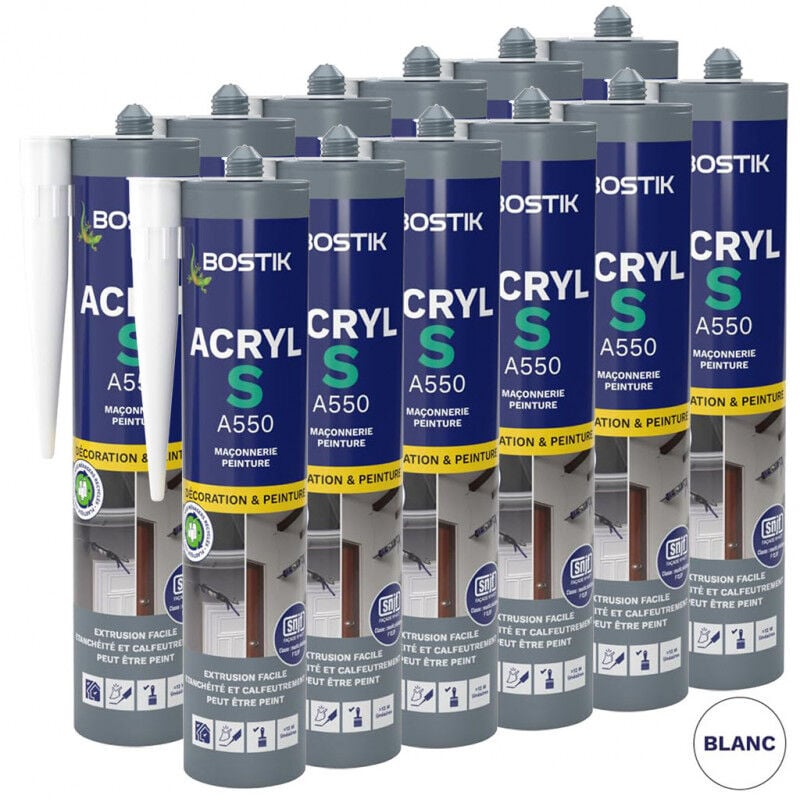 Bostik - Lot de 12 Mastics d'étanchéité acryl s A550 310ml (Blanc, Gris ou Brun) Couleur: Blanc