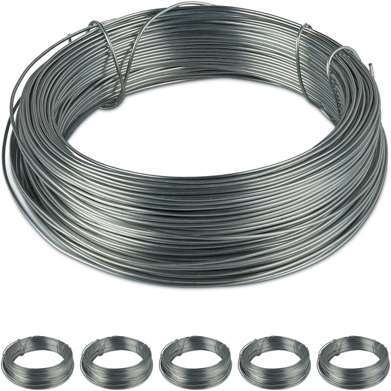 Relaxdays Galvanised Binding Wire, Set of 6, Steel, Thin Garden Wire, Crafting, 50 m Long, 1 mm Thick, Silver, Rustproof