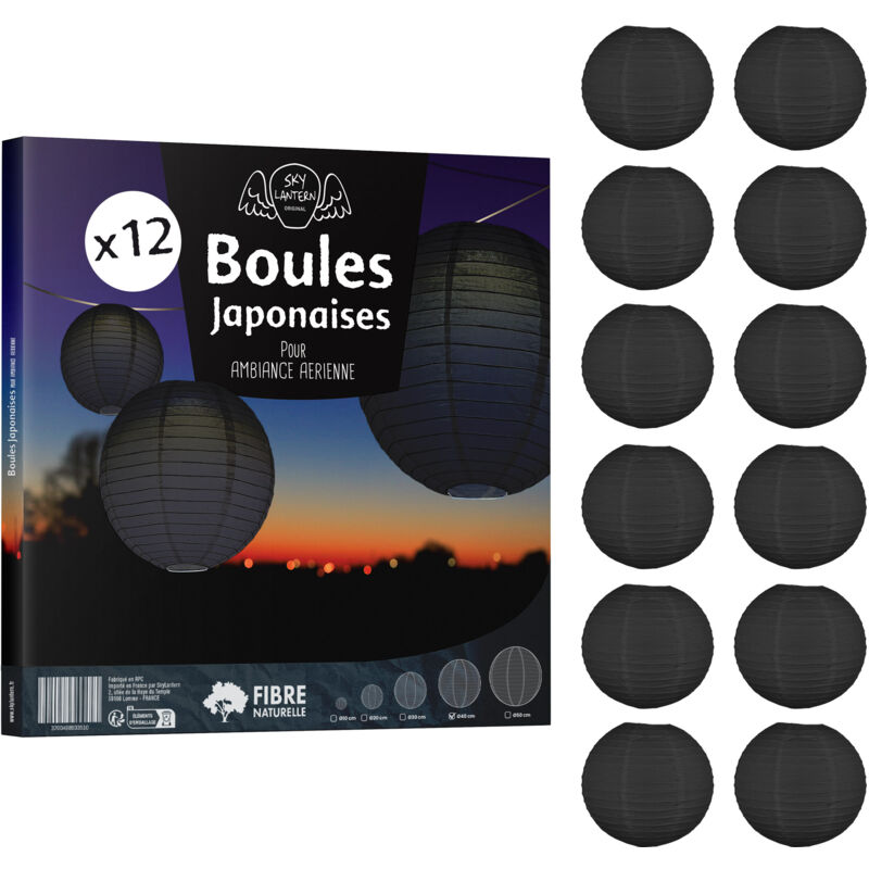 Skylantern - 12x Lanterne Papier 40 cm Noir - Suspension Boule Papier 40 cm (12'') type Lanterne Japonaise pour Decoration Mariage - 12 pièces - Le