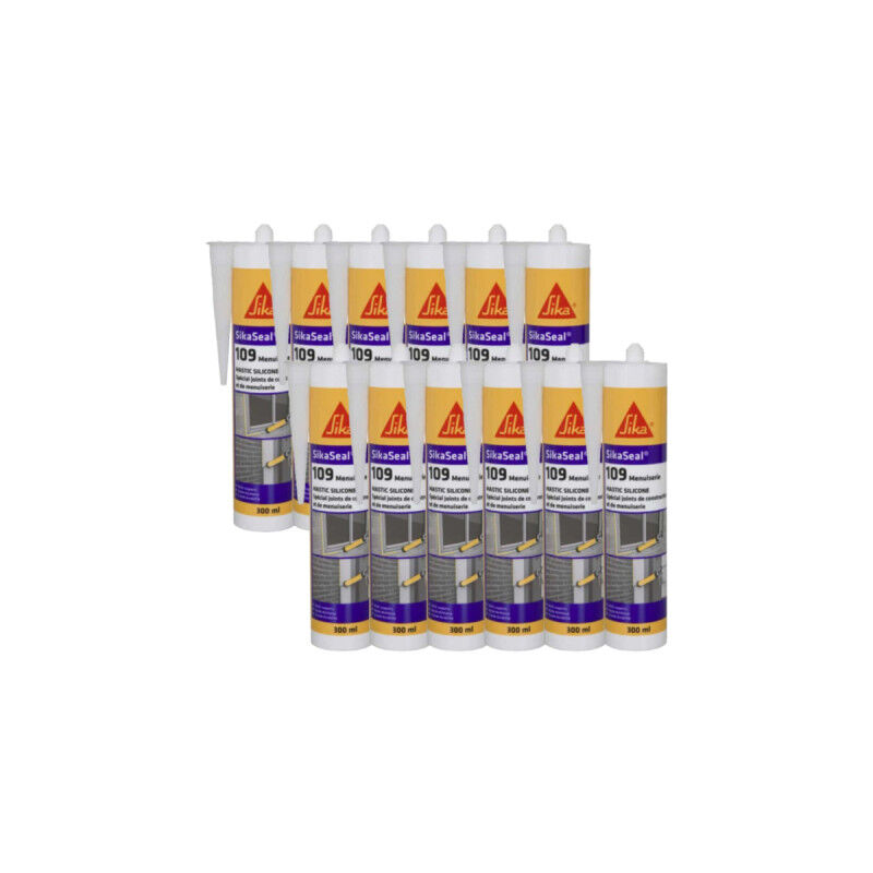 12x cartouches Mastic silicone neutre 300ml seal 109 : translucide, blanc, gris, pierre, noir, anthracite - Couleur: Blanc - Sika