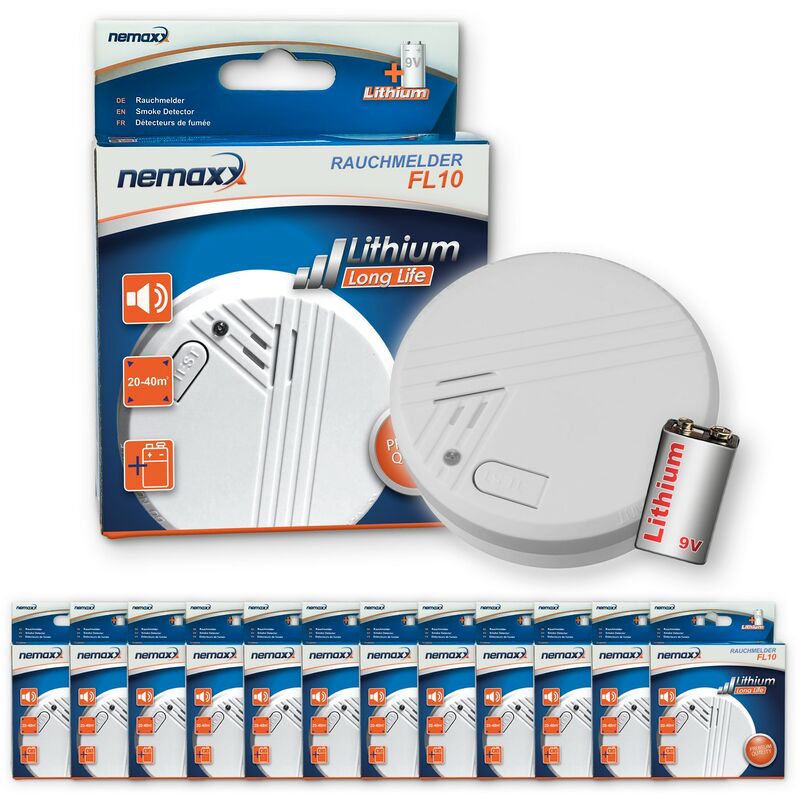 

Nemaxx - 12x FL10 detector de humo con batería de litio de 10 años , Alarma de seguridad contra incendios - de acuerdo a la norma DIN EN 14604