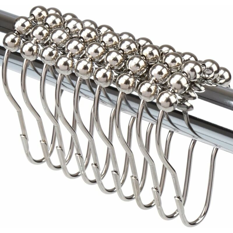 Image of 12x Shower Curtain Hooks Rings Roller Balls Chrome Stainless Steel Metal Rust Free Silver Colour
