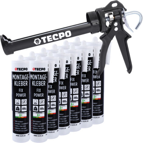 12x TECPO Universal Montagekleber Ultra FIX Power Baukleber 480g Weiß + Kartuschenpresse Kartuschenpistole 25:1