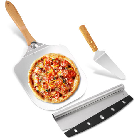 12x14 pouces Pizza Pack écorce en métal avec poignée en bois et Cutter Rocker, Paddle à Pizza, pour four à Pizza familial, cuisson, pâte, pain et pâtisserie