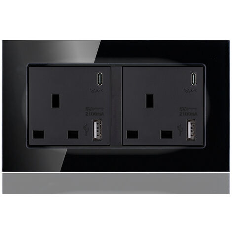 13 A 2 Gang Switched Socket with Dual USB Charger+Type-C, 250 V(mirror black)
