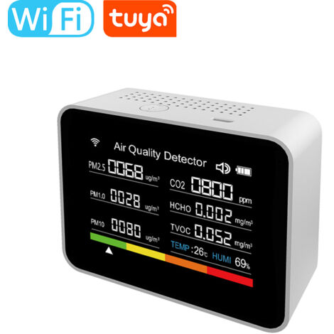 13 en 1 pour Tuya WIFI Testeur intelligent de qualité de l'air Détecteur de CO2 intérieur CO2/TVOC/PM2.5/PM1.0/PM10/Température/Humidité/Heure/Date/Alarme/Minuterie/Chronomètre Prise en charge de l'ap