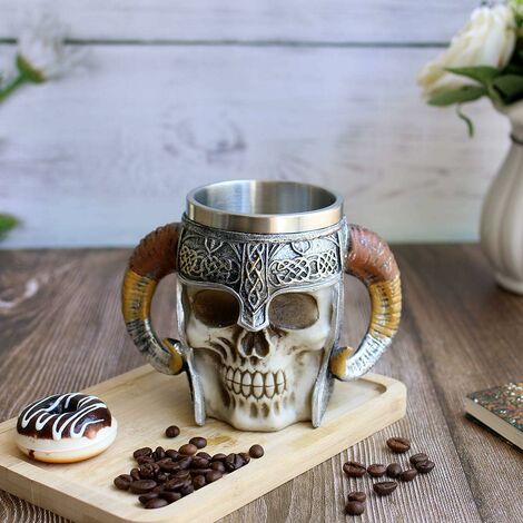 600ML Coupe du crâne créative Mug Tasses à café avec tête de mort de guerrier viking avec doublure en acier inoxydable,Chopes à Bière médiévale Tasse de bière pour Maison/Bureau/Partie/Halloween 