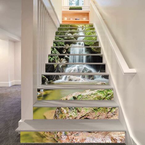 13 Pcs/Set 3D Natural Landscape Of Waterfalls Self Adhesive Stair Stickers Peel And Stick Stair Riser Decals Waterproof Home Decor Staircase Decal Stair Mural Stickers