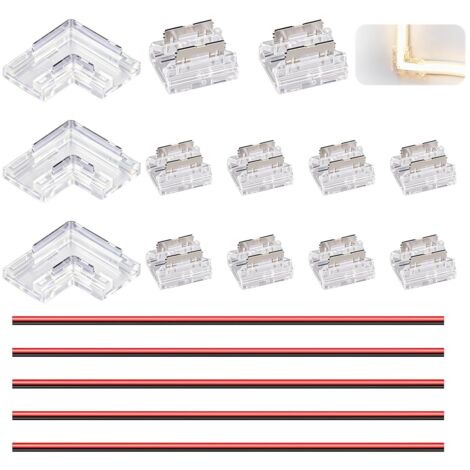 13 Pièces 2 Broches 8 mm Connecteur Ruban LED COB avce 5 Fils d'extension, 10 Centraux Connector Gapless 3 Connector Coudé en L 2 Pin 8mm Transparent Connecteur Sans Soudure pour Bande LED SMD