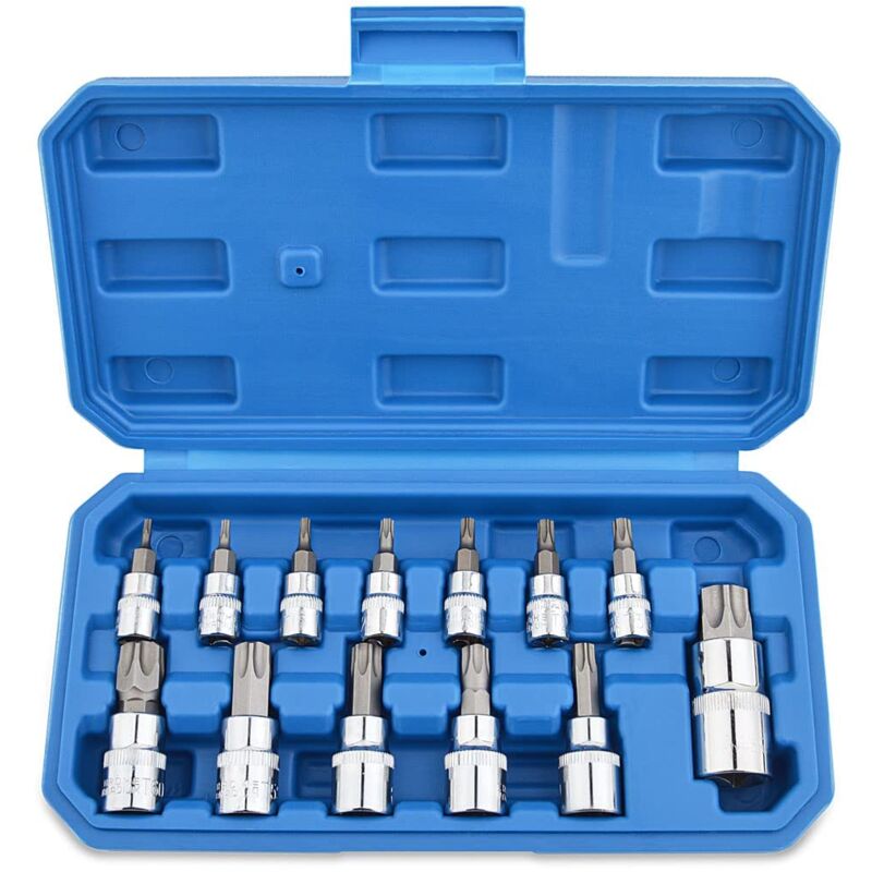 13 Pièces Jeu de Douilles Torx Embouts Tournevis Femelle T8 - T70 en Acier Chromé au Vanadium 1/4' 3/8' et 1/2' avec Boite pour Stockage