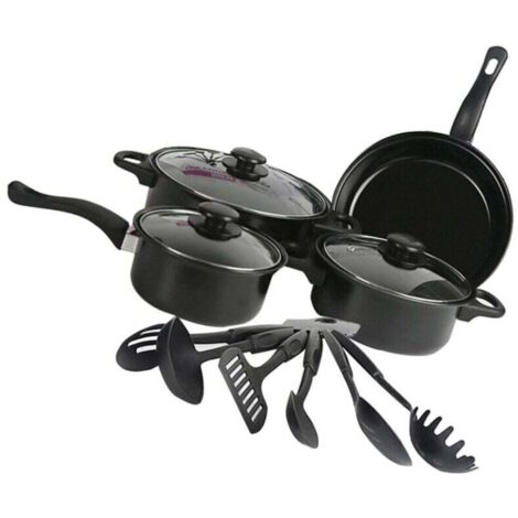 13-teiliges Antihaft-Kochgeschirr-Set, induktionsgeeignet mit Bratpfannen, Töpfen und Suppentopf, Schwarz