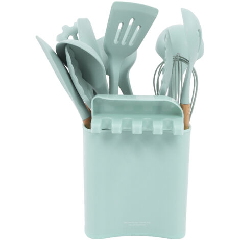 13-teiliges Küchenhelfer-Set aus Silikon mit Holzgriffen, antihaftbeschichtetem Pfannenwender und Löffel, hellgrün, mit Aufbewahrungsmöglichkeit