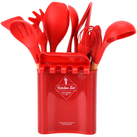13-teiliges Küchenhelfer-Set aus Silikon mit Holzgriffen, antihaftbeschichtetem Pfannenwender und Schöpfkelle – Rote Küchenaccessoires