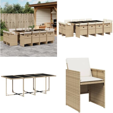 13-tlg. Garten-Essgruppe mit Kissen Beige Poly Rattan - Gartengeset - Gartenmöbelset - Outdoor Möbel - Esstisch - Gartenstühle - Home & Living
