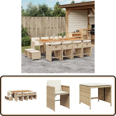 13-tlg. Garten-Essgruppe mit Kissen Beige Poly Rattan - Gartenmöbel Set - Gartentisch - Gartenstühle - Gartenhocker - Rattan Möbel