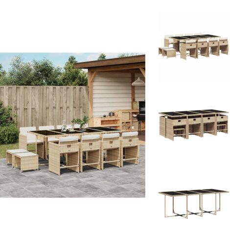 13-tlg. Garten-Essgruppe mit Kissen Beige Poly Rattan - Gartenmöbel Set - Gartentisch - Gartenstühle - Gartenhocker - Rattan Möbel