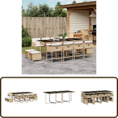 13-tlg. Garten-Essgruppe mit Kissen Beige Poly Rattan - Gartenmöbel Set - PE-Rattan Möbel - Outdoor Esstisch - Gartenstühle - Gartenhocker