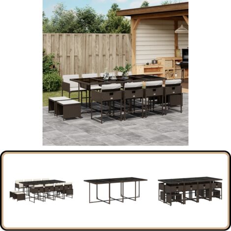 13-tlg. Garten-Essgruppe mit Kissen Braun Poly Rattan - Gartenmöbel Set - Gartentisch - Gartenstühle - Gartenhocker - Rattan Möbel