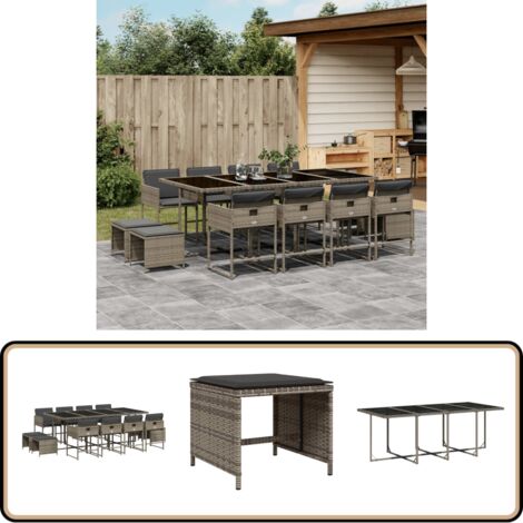 13-tlg. Garten-Essgruppe mit Kissen Grau Poly Rattan - Gartenmöbel Set - Gartentisch - Gartenstühle - Gartenhocker - Rattan Möbel