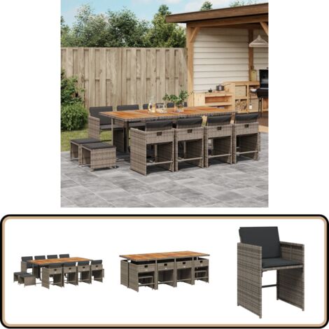 13-tlg. Garten-Essgruppe mit Kissen Grau Poly Rattan - Gartenmöbel Set - Gartentisch - Gartenstühle - Gartenhocker - Rattan Möbel