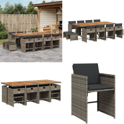 13-tlg. Garten-Essgruppe mit Kissen Grau Poly Rattan - Gartenmöbel Set - Gartentisch - Gartenstühle - Gartenhocker - Rattan Möbel - Home & Living