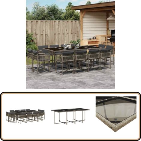 13-tlg. Garten-Essgruppe mit Kissen Grau Poly Rattan - Gartentisch - Esstisch - Gartenmöbel Set - Outdoor Möbel - Terrassenmöbel