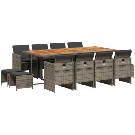 13-tlg. Garten-Essgruppe mit Kissen Grau Poly Rattan vidaXL