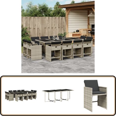 13-tlg. Garten-Essgruppe mit Kissen Hellgrau Poly Rattan - Gartengestell - Gartenmöbelset - Outdoor Möbel - Esstisch - Gartenstühle
