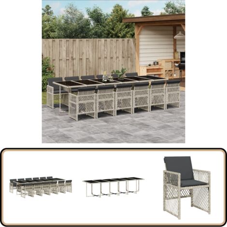 13-tlg. Garten-Essgruppe mit Kissen Hellgrau Poly Rattan - Gartengestelle - Gartenmöbelset - Outdoor Möbel - Esstisch - Gartenstühle