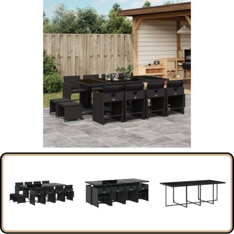 13-tlg. Garten-Essgruppe mit Kissen Schwarz Poly Rattan - Gartenmöbel Set - Gartentisch - Gartenstühle - Gartenhocker - Rattan Möbel
