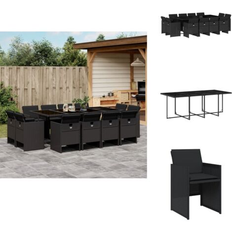 13-tlg. Garten-Essgruppe mit Kissen Schwarz Poly Rattan - Gartensessel - Gartenmöbel Set - Outdoor Möbel - Terrassenmöbel - Esstisch