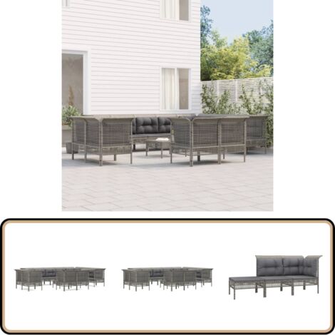 13-tlg. Garten-Lounge-Set mit Kissen Grau Poly Rattan - Gartenmöbel - Loungesessel - Outdoor Möbel - Rattan Gartenmöbel - Wetterfeste Gartenmöbel