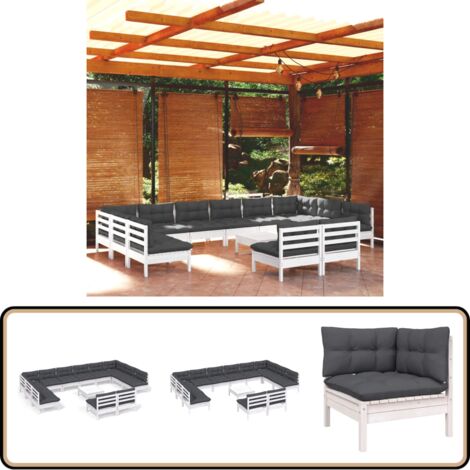 13-tlg. Garten-Lounge-Set mit Kissen Weiß Kiefer Massivholz - Gartenmöbel - Lounge Set - Garten-Lounge-Set - Outdoor Möbel - Kiefernholzmöbel