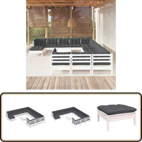 13-tlg. Garten-Lounge-Set mit Kissen Weiß Kiefernholz - Garten Lounge Set - Kiefernholz Möbel - Outdoor Möbel - Gartengeräte - Loungemöbel