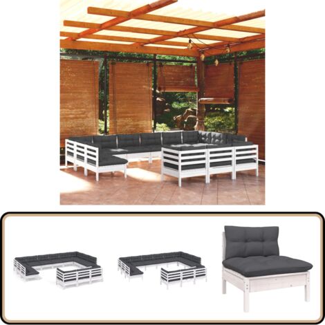 13-tlg. Garten-Lounge-Set mit Kissen Weiß Kiefernholz - Garten Lounge Set - Kiefernholz Möbel - Outdoor Möbel - Loungemöbel - Gartenmöbel