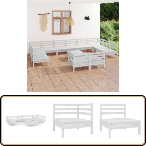 13-tlg. Garten-Lounge-Set Weiß Massivholz Kiefer - Gartenmöbel - Loungesessel - Gartenloungeset - Rattan Möbel - Kiefernholzmöbel